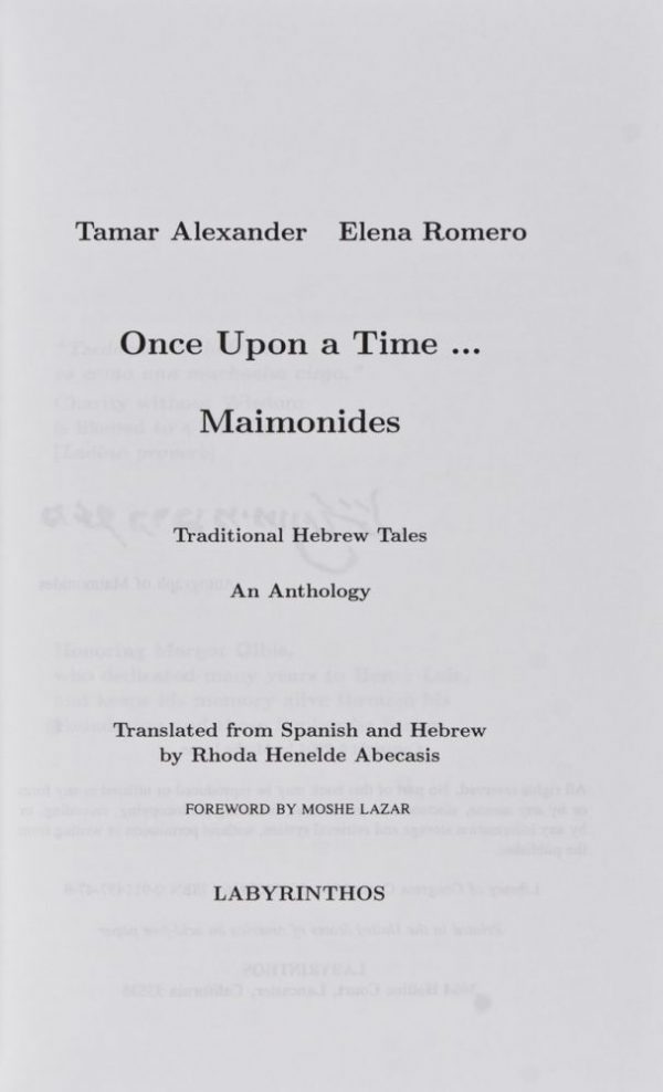 Once Upon a Time... Maimonides. Traditional Hebrew Tales. An Anthology. Translated from Spanish and Hebrew by Rhoda Henelde Abecasis