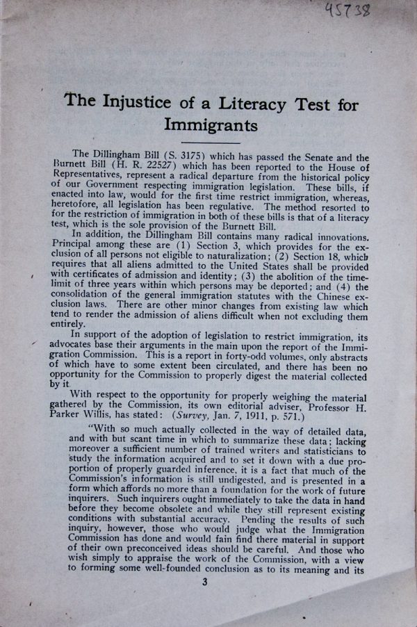 The Injustice of A Literacy Test for Immigrants By Kohler, Max J. (ed.) The Injustice of A Literacy Test for Immigrants